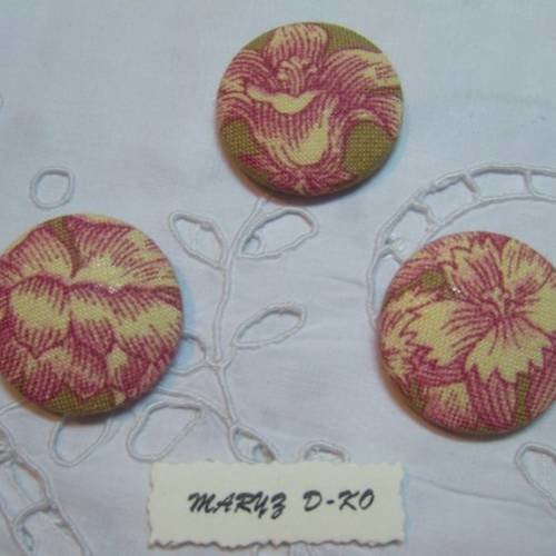3 gros boutons tissu ameublement taupe" grosses fleurs" 36mm