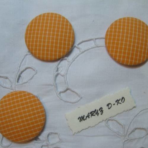 3 gros boutons tissu à coller "vichy orange/blanc" 32mm