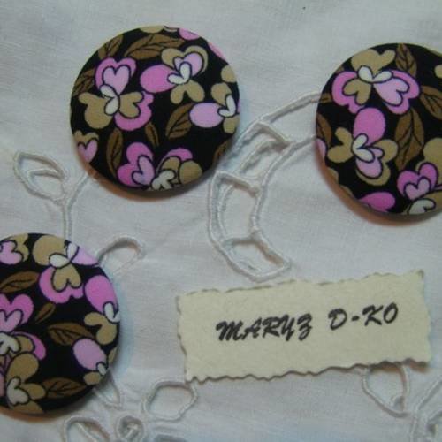 3 gros boutons tissu à coller 32mm "orchidées roses "