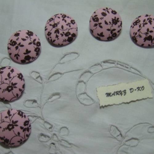 6  boutons tissu coton " fleuri marron fond rose" 28mm
