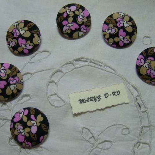 6  boutons tissu coton 28mm "orchidées roses" 
