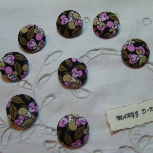 8 boutons tissu coton 22mm " orchidées roses" 