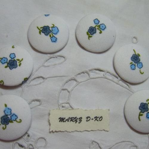  6 cabochons tissu 32mm " bouquet fleurs bleu "