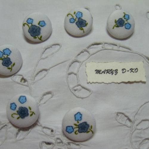 6 boutons tissu coton 22mm " bouquet fleur bleu " 