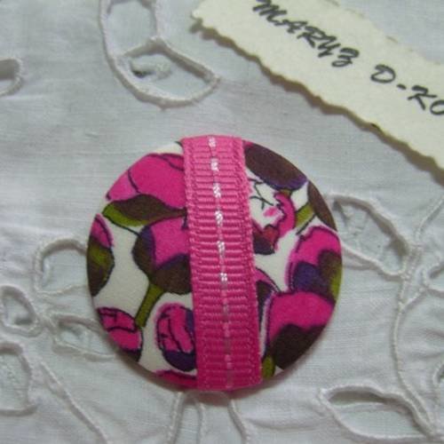 Gros bouton tissu, à coller ,32mm "boutons de fleurs rose et blanc " 