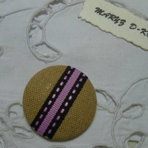 Bouton tissu coton,fond plat,32mm"beige, ruban pointillés rose"