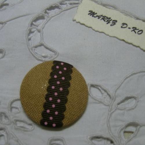 Bouton tissu coton,fond plat,32mm"beige, ruban dentelé pois rose"