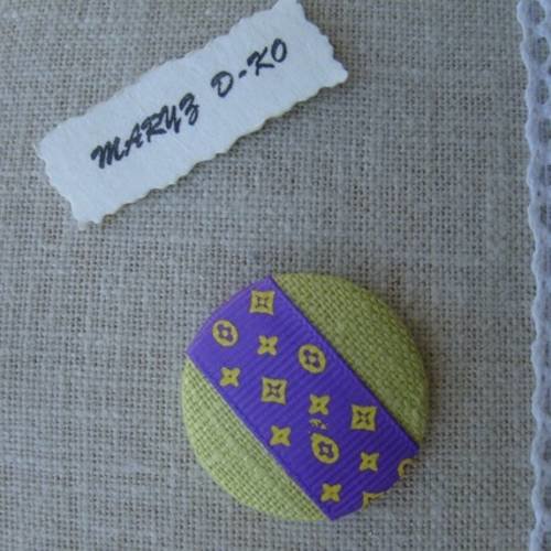 Bouton tissu lin,fond plat,32mm"anis et ruban violet à motifs"