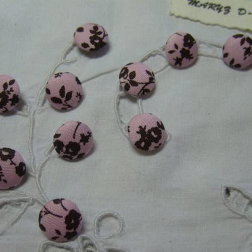 10 boutons tissu 12mm "fleuri marron fond rose" 