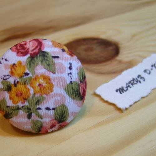 Gros bouton tissu  32mm " bouquet fleurs orange 2"