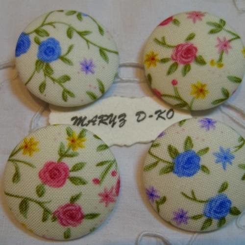 4 boutons tissu 32mm " fleuris bleu et rose "