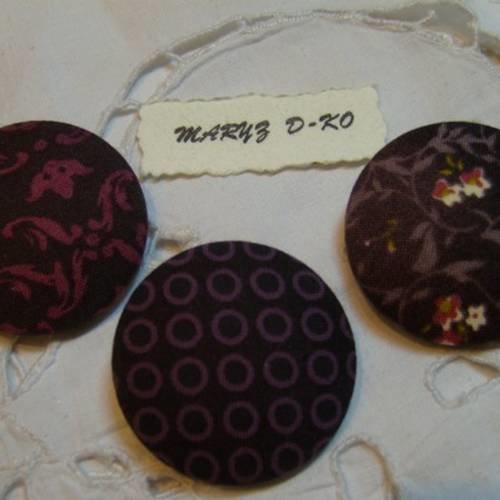 Trio boutons tissu 36mm " fleurs,arabesques,pois / prune et violet "