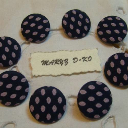 8 boutons tissu 20mm " pois ovales vieux rose fond bleu "