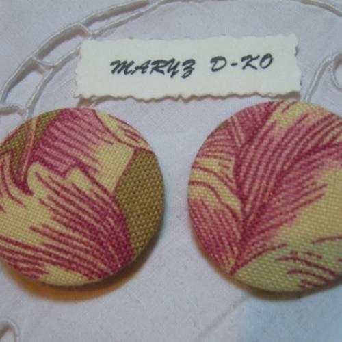 Duo boutons tissu ameublement 32mm " feuillage rose et écru "