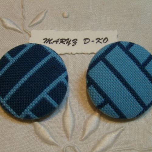 Duo boutons tissu ameublement 32mm " bleu turquoise et pétrole " 