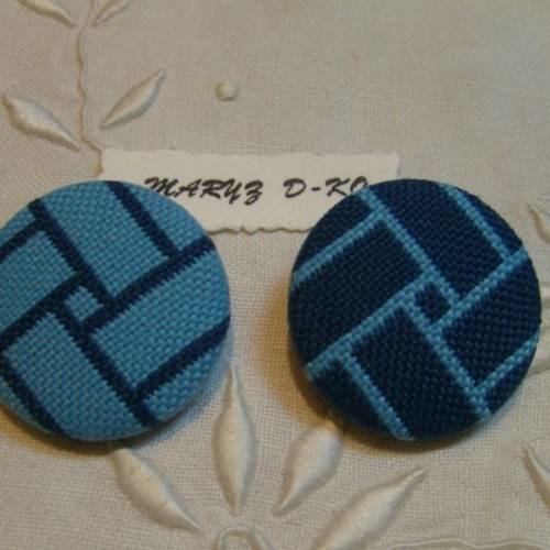 Duo boutons tissu ameublement 32mm " bleu turquoise et pétrole " 2