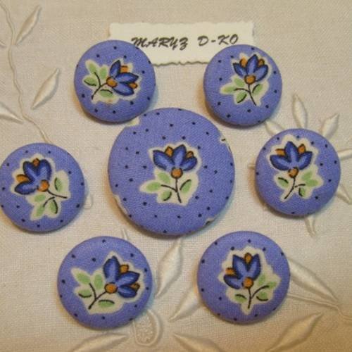 7 boutons tissu 22mm et 32mm" bleu à pois fleuri "