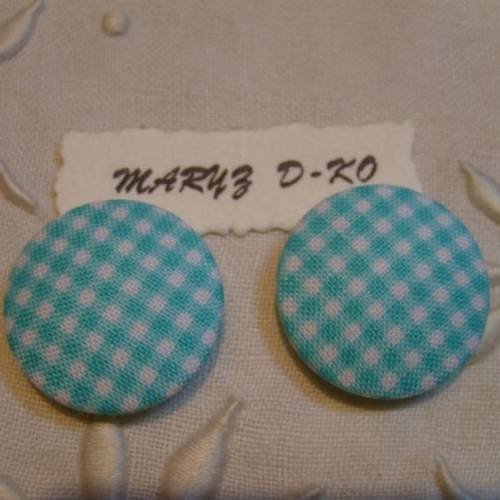 Duo boutons tissu à coller,24mm " vichy bleu " 