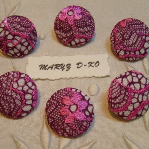 6 boutons tissu 22mm " dentelle de calais rose / prune "