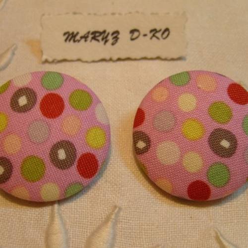 Duo boutons tissu 32mm " gros pois fond rose  " 
