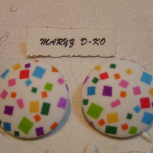 Duo boutons tissu 32mm " mosaique fond blanc "