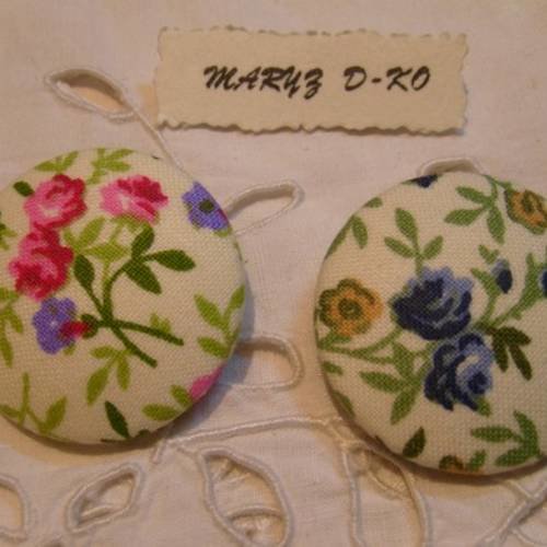 Duo boutons tissu 36mm " shabby fleuri rose et bleu "