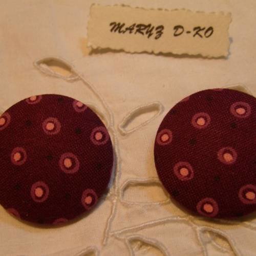 Duo boutons tissu 32mm "  pois rose cerclés fond prune  "