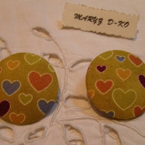 Duo boutons tissu 32mm "  mosaique de coeurs  "