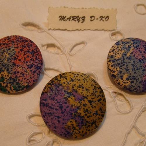 Trio boutons tissu 32mm " marbrés multicolores "