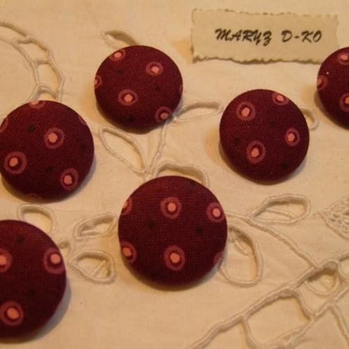 6 boutons tissu 22mm " pois rose cerclés fond prune "