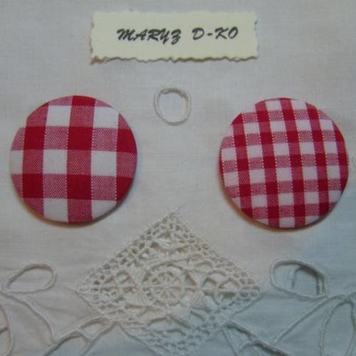 Duo boutons tissu fond plat,32mm " vichy rouge  " 