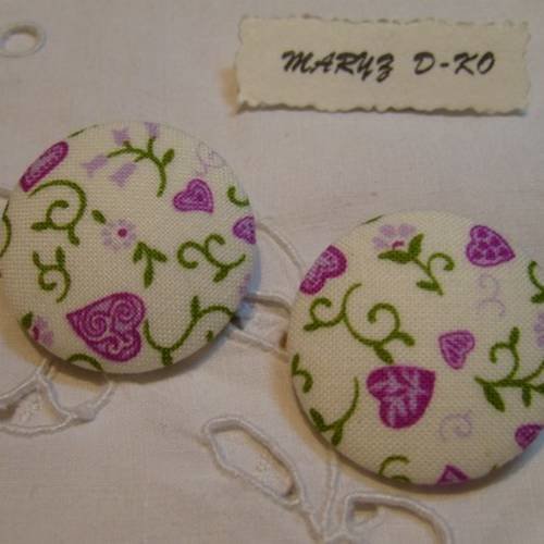 Duo boutons tissu 32mm "  fleurs et coeurs "