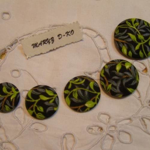 Assortiment 5 boutons cabochons tissu" feuillage anis/gris " 