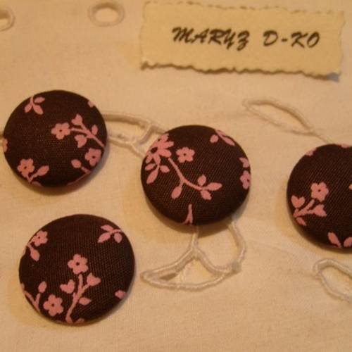 4 boutons cabochons tissu 20mm " fleuris rose fond marron" 