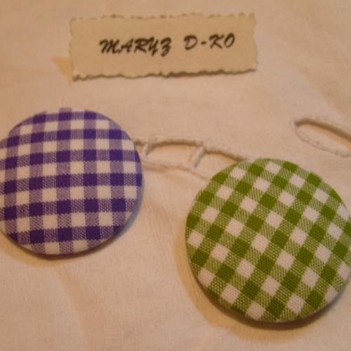 Duo boutons tissu 32mm " vichy violet et vert " 