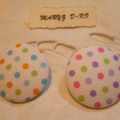 2  boutons  tissu  32mm " pois multicolores " 