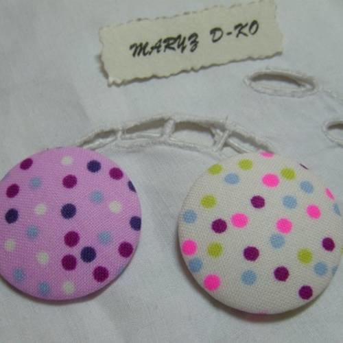 2 boutons cabochons tissu 32mm " pois multicolores" 