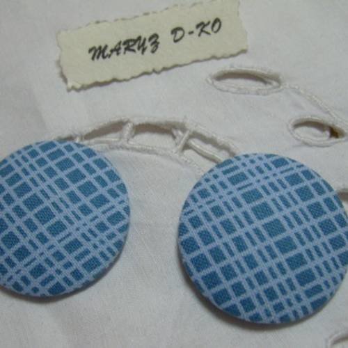 2 boutons cabochons tissu 32mm " quadrillé bleu " 