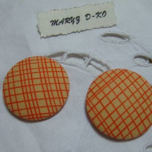 2 boutons cabochons tissu 32mm " quadrillé orange " 
