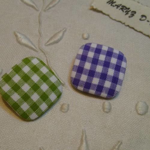 Boutons carrés tissu 22mm " vichy vert/violet " 