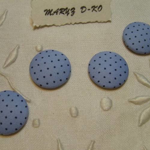 4 boutons cabochons tissu 20mm " pois noir fond bleu" 
