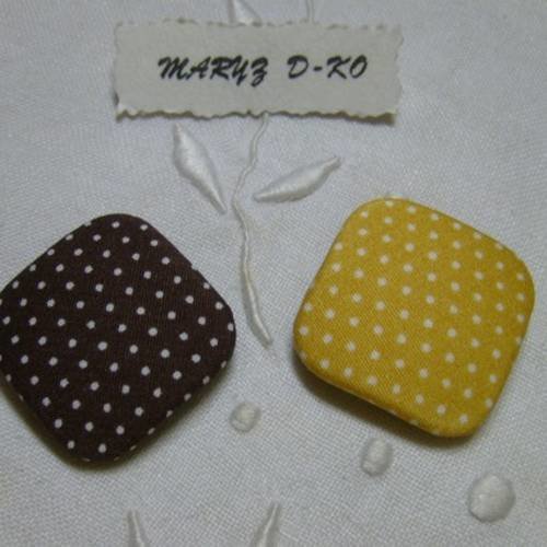 Duo boutons carrés tissu 28mm " pois marron/ocre" 