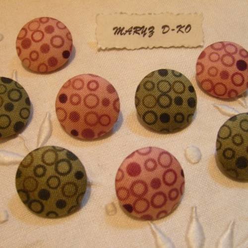 8 boutons tissu 22mm " cercles vieux rose/olive " 