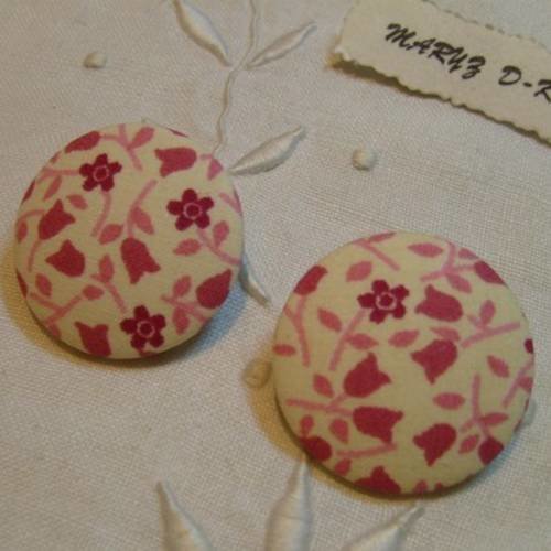 Duo boutons tissu 32mm "  tulipes vieux rose " 