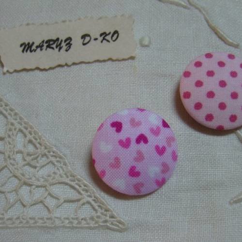 Duo boutons tissu 24mm "  coeurs et pois rose" 