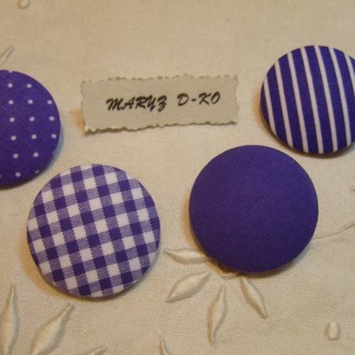 4 boutons tissu 32mm " assortiment violet/blanc " 