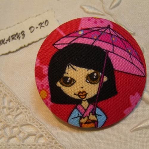 Bouton tissu 50mm " geisha ombrelle rose" 
