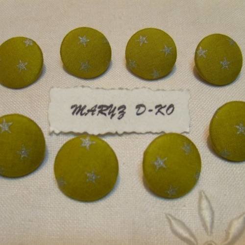 8 boutons tissu 18mm " etoiles argent/olive " 
