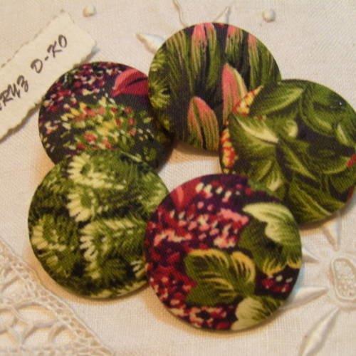 Assortiment 5 boutons 32mm recouverts de tissu coton-jardin tropical-