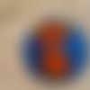 Gros bouton tissu 50mm chat rigolo orange fond bleu à pois